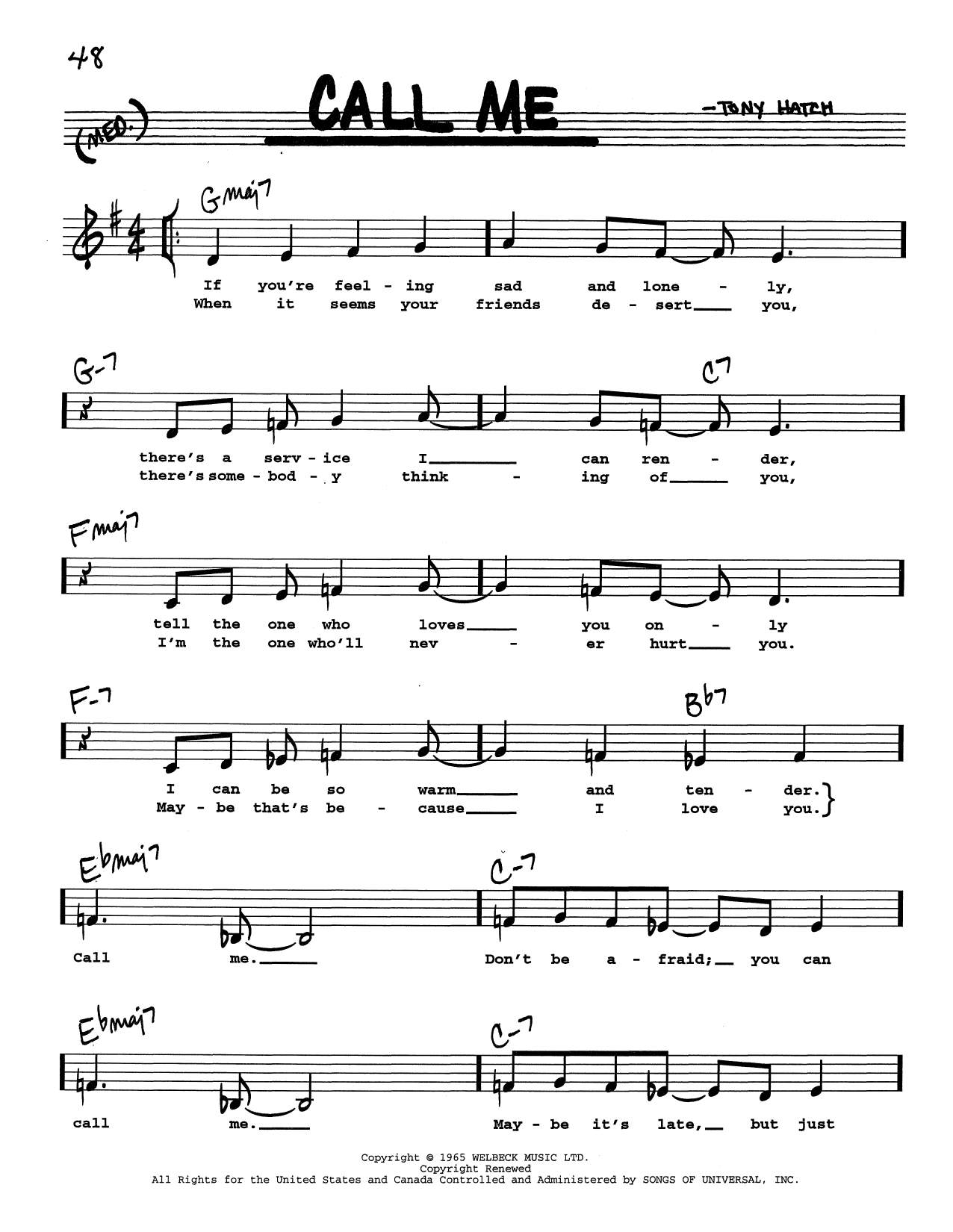 Tony Hatch Call Me (Low Voice) sheet music notes and chords arranged for Real Book – Melody, Lyrics & Chords