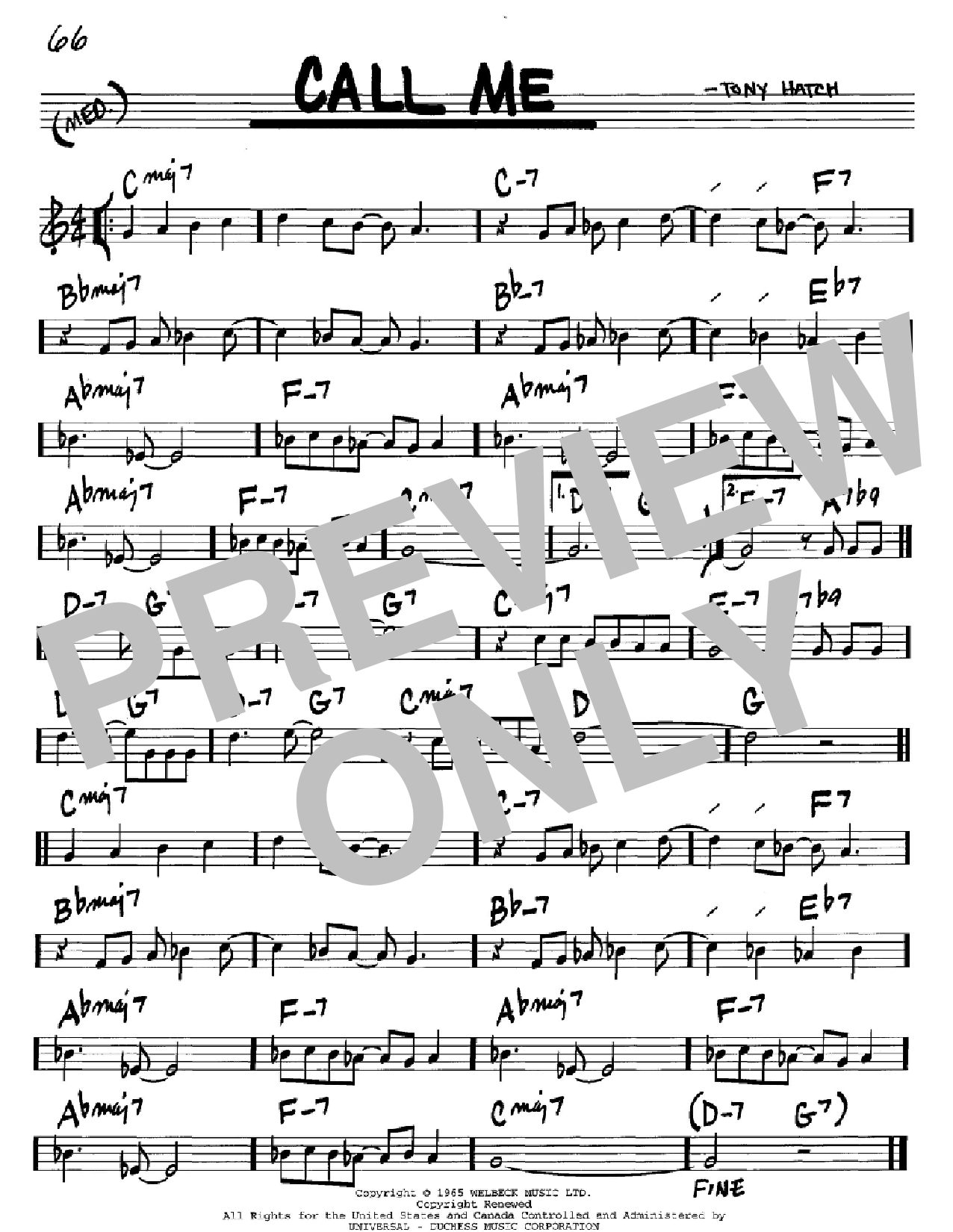 Tony Hatch Call Me sheet music notes and chords arranged for Real Book – Melody & Chords – Bass Clef Instruments