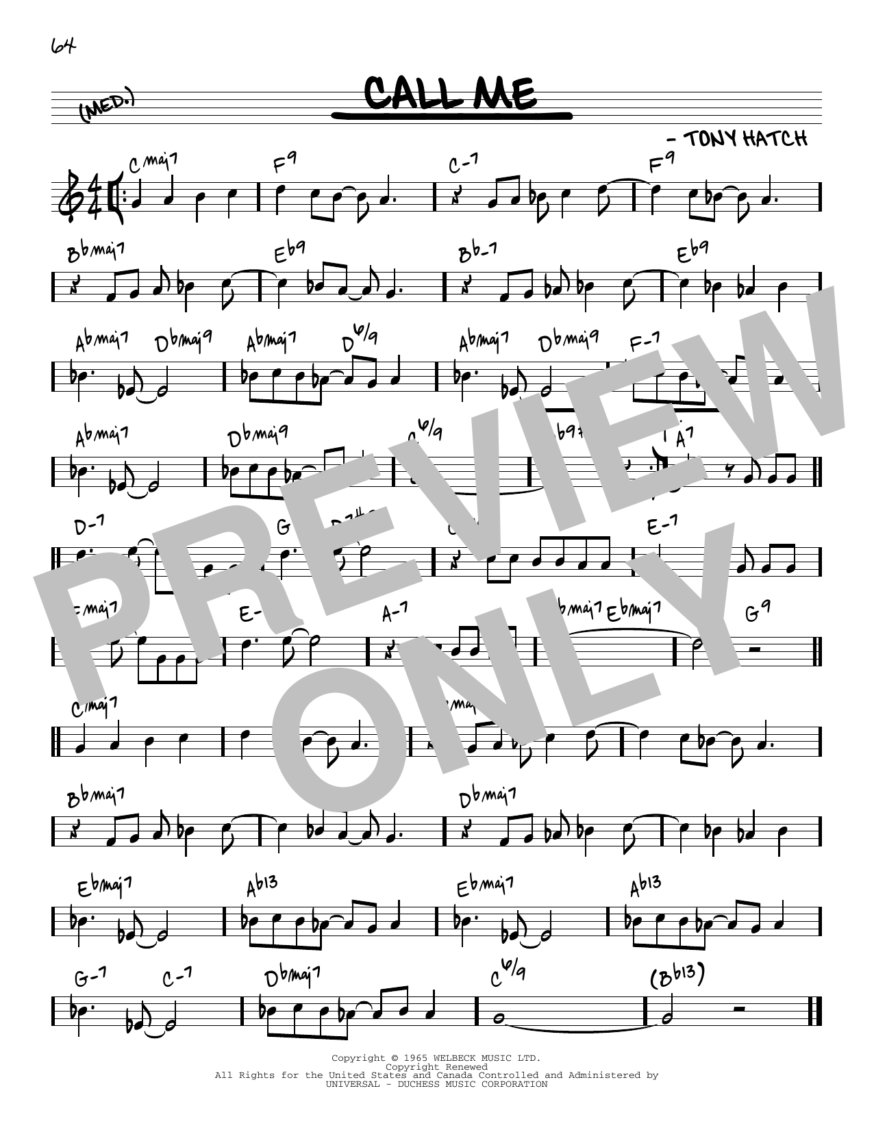 Tony Hatch Call Me [Reharmonized version] (arr. Jack Grassel) sheet music notes and chords arranged for Real Book – Melody & Chords