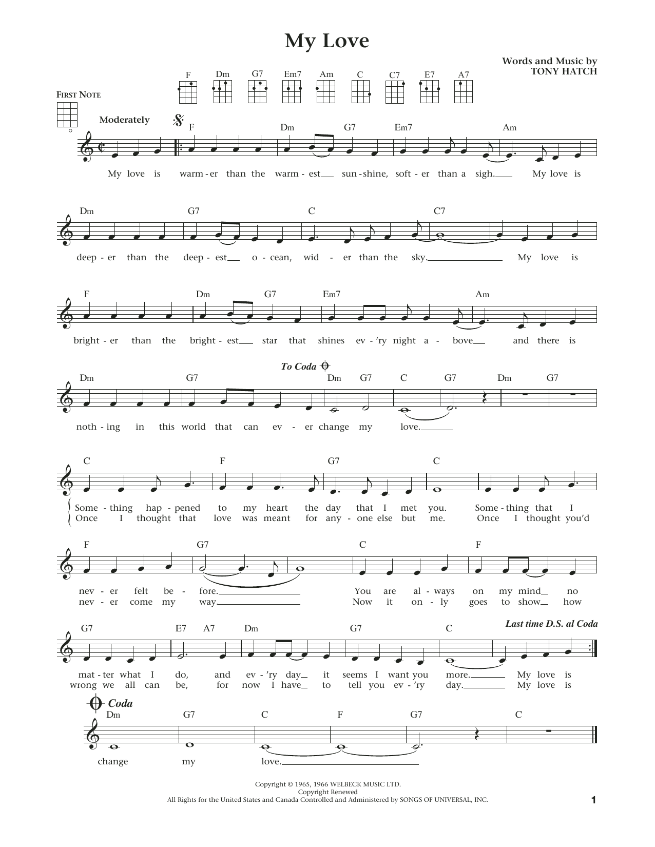 Tony Hatch My Love (from The Daily Ukulele) (arr. Liz and Jim Beloff) sheet music notes and chords arranged for Ukulele