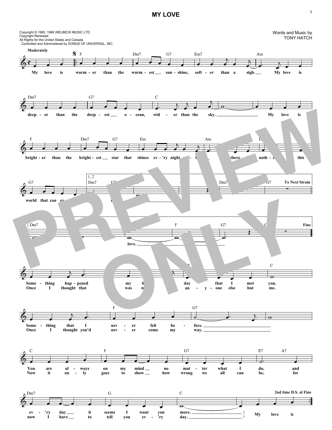 Tony Hatch My Love sheet music notes and chords arranged for Lead Sheet / Fake Book