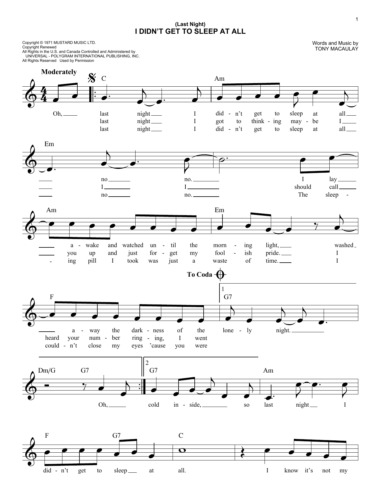 Tony Macaulay (Last Night) I Didn't Get To Sleep At All sheet music notes and chords arranged for Easy Lead Sheet / Fake Book