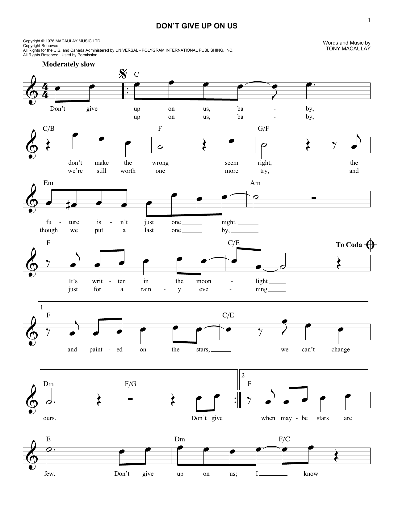 Tony Macauley Don't Give Up On Us sheet music notes and chords arranged for Easy Lead Sheet / Fake Book