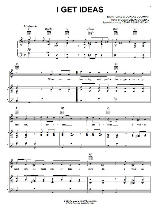 Tony Martin I Get Ideas sheet music notes and chords arranged for Piano, Vocal & Guitar Chords (Right-Hand Melody)