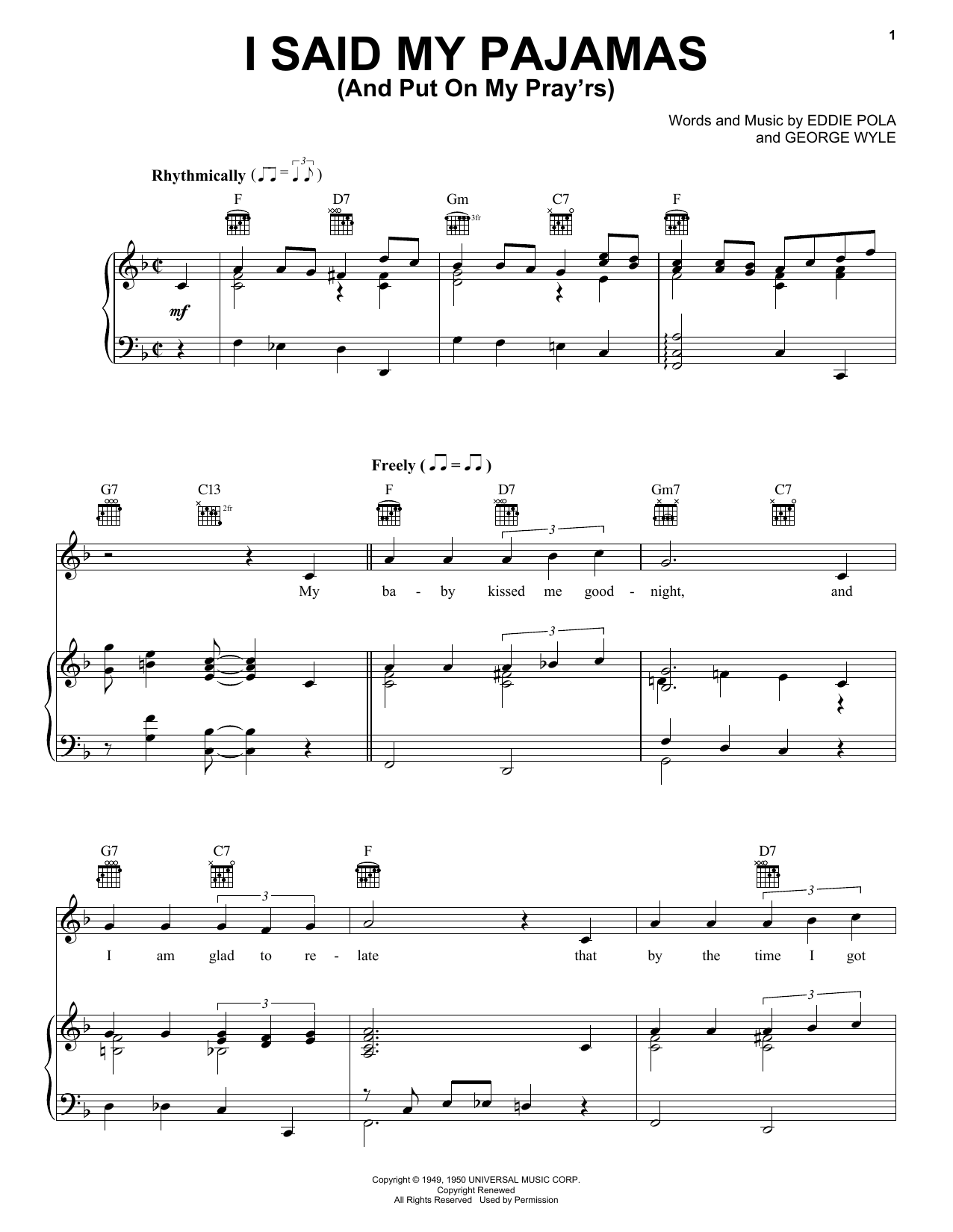 Tony Martin I Said My Pajamas (And Put On My Pray'rs) sheet music notes and chords arranged for Piano, Vocal & Guitar Chords (Right-Hand Melody)