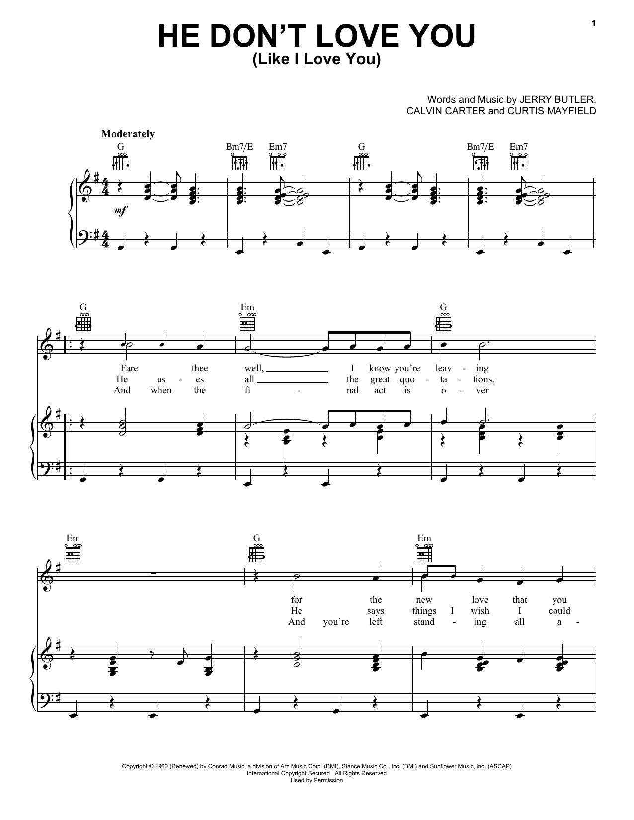 Tony Orlando & Dawn He Don't Love You (Like I Love You) sheet music notes and chords arranged for Piano, Vocal & Guitar Chords (Right-Hand Melody)