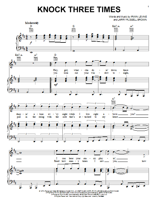 Tony Orlano & Dawn Knock Three Times sheet music notes and chords arranged for Piano, Vocal & Guitar Chords (Right-Hand Melody)