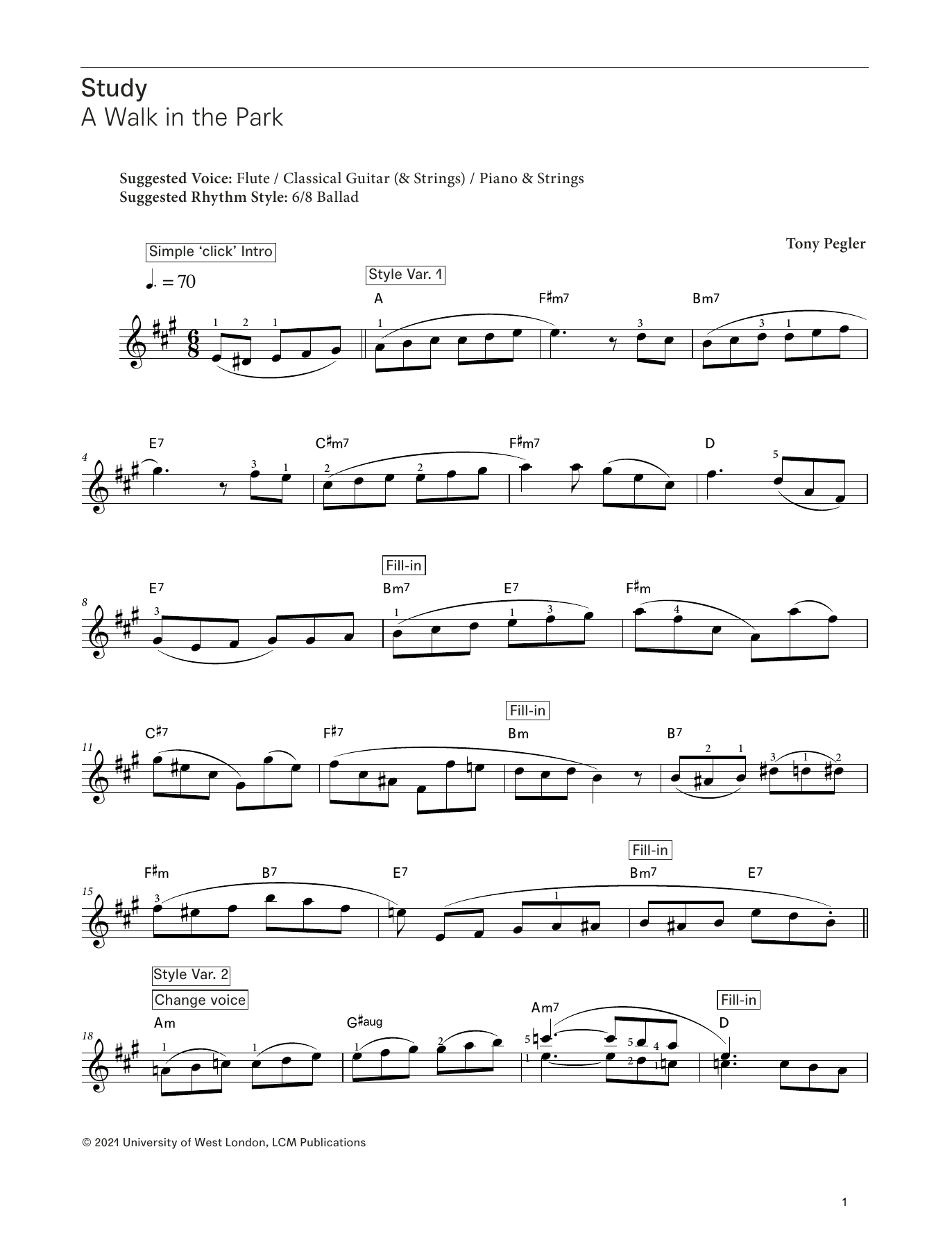 Tony Pegler A Walk in the Park (from LCME Electronic Keyboard Study Grade 5) sheet music notes and chords arranged for Piano Solo