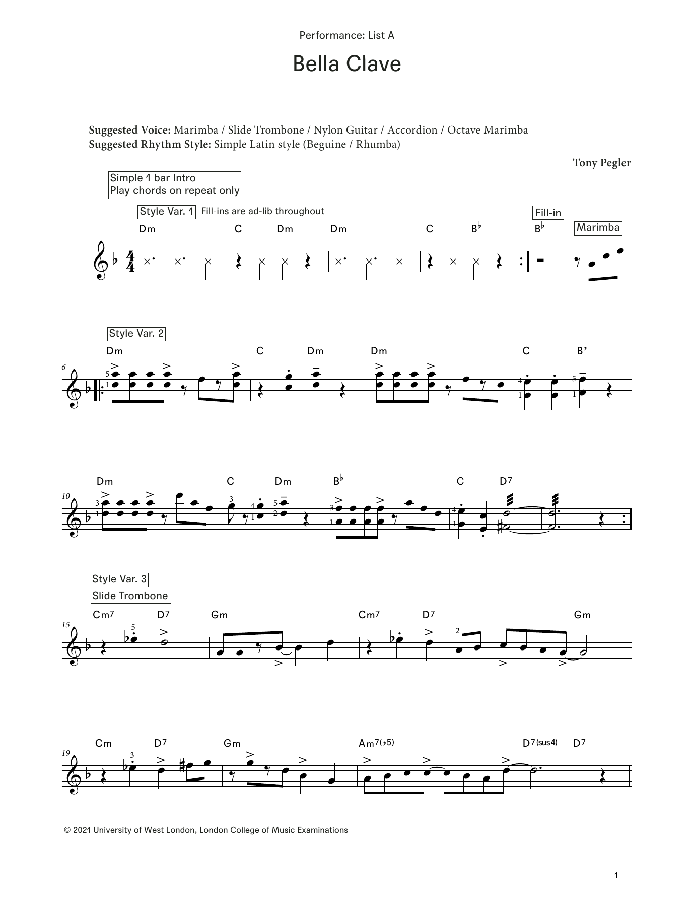 Tony Pegler Bella Clave (from LCME Electronic Keyboard Grade 6 List A) sheet music notes and chords arranged for Piano Solo