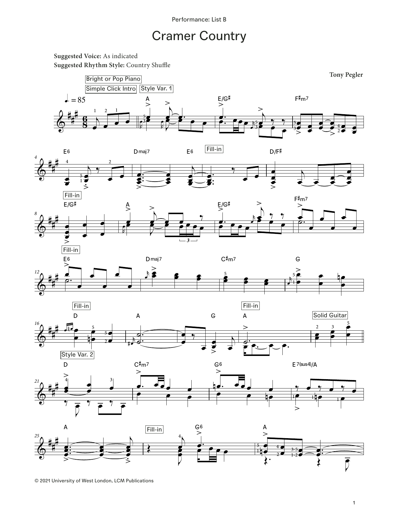 Tony Pegler Cramer Country (from LCME Electronic Keyboard Grade 8 List B) sheet music notes and chords arranged for Piano Solo