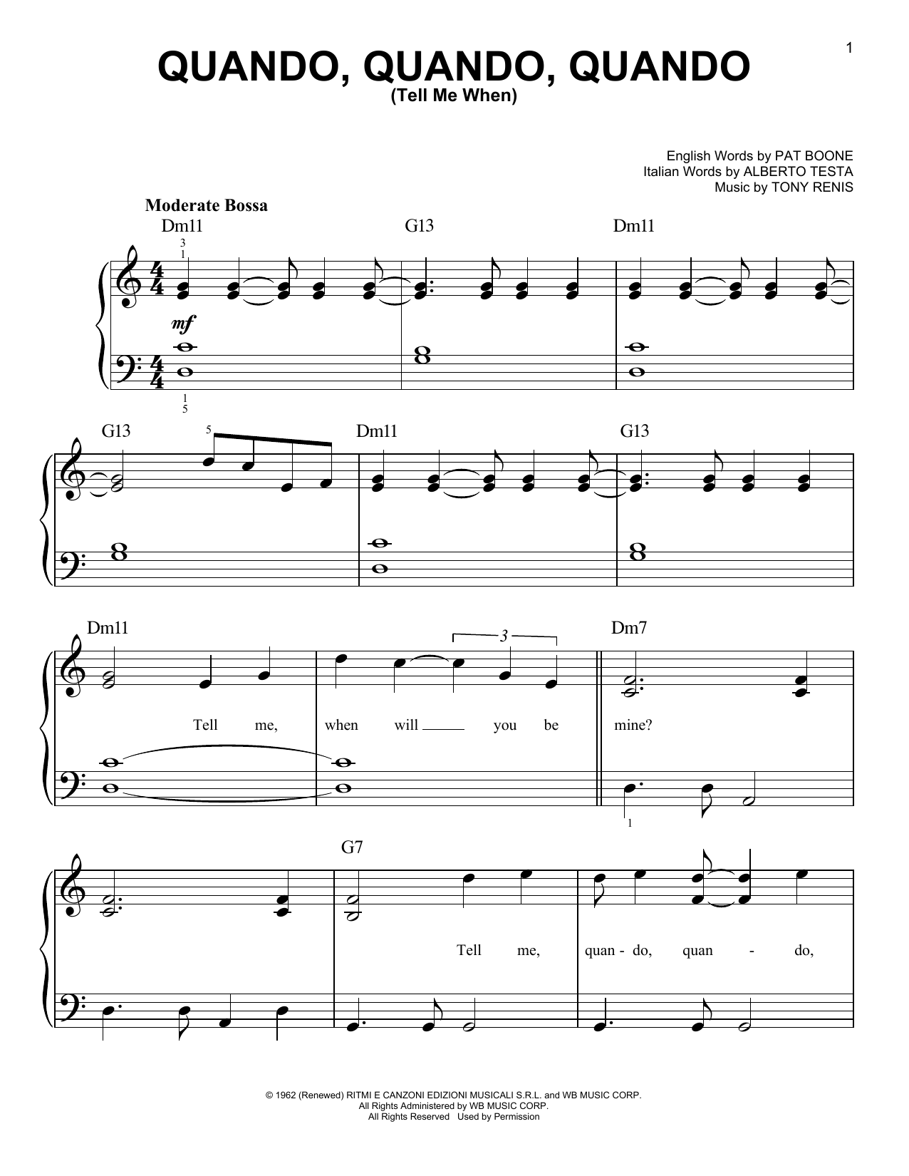 Tony Renis Quando, Quando, Quando (Tell Me When) sheet music notes and chords arranged for Very Easy Piano