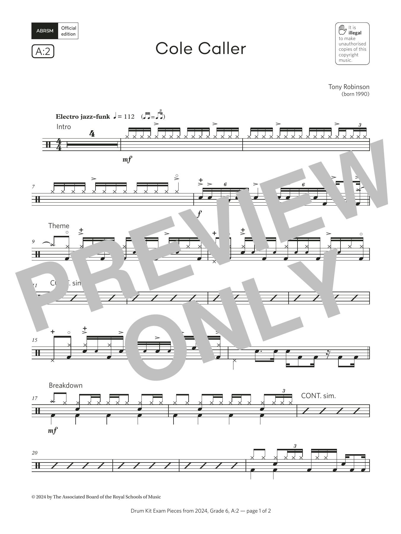 Tony Robinson Cole Caller (Grade 6, list A2, from the ABRSM Drum Kit Syllabus 2024) sheet music notes and chords arranged for Drums