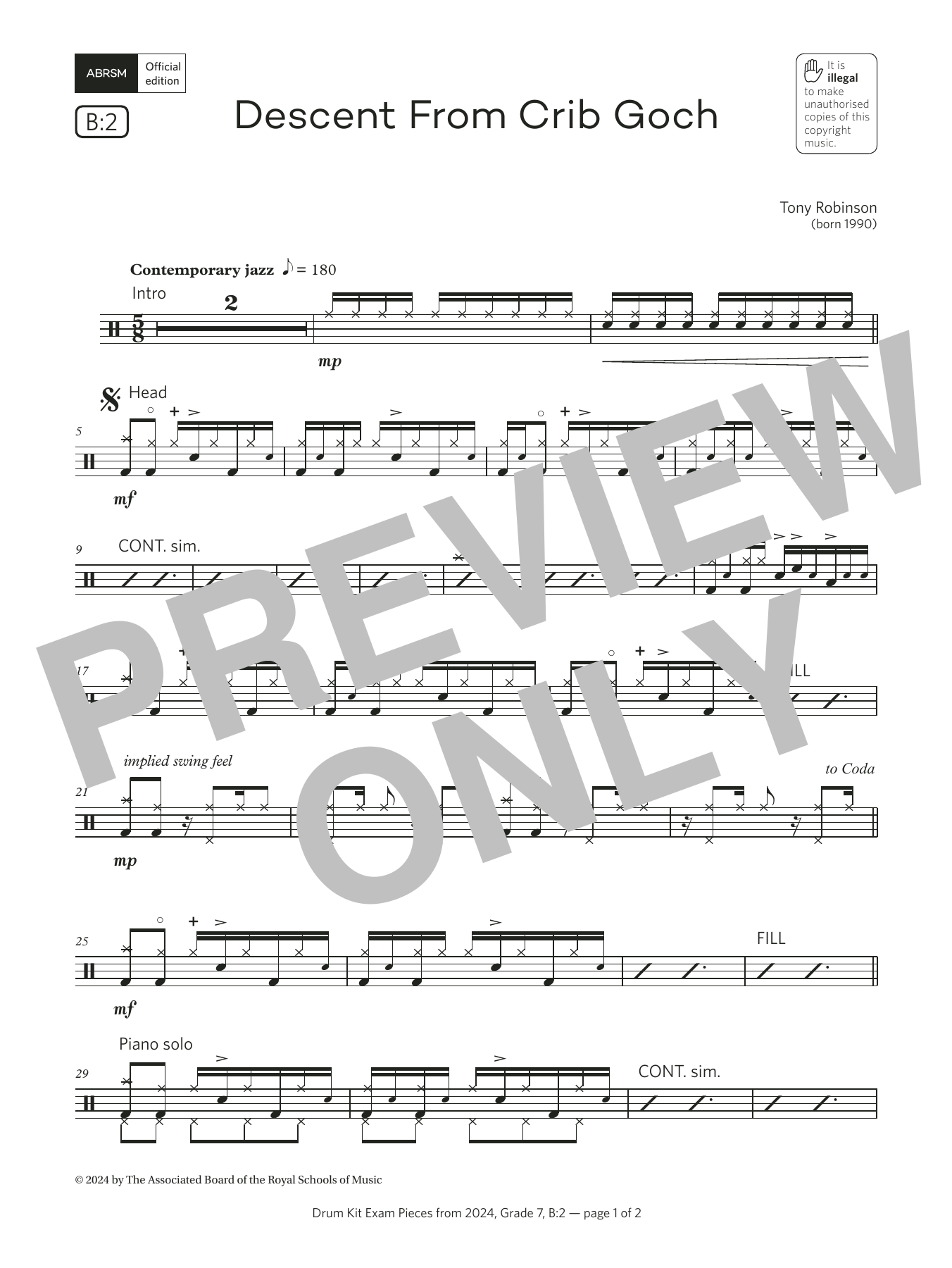 Tony Robinson Descent From Crib Goch (Grade 7, list B2, from the ABRSM Drum Kit Syllabus 2024) sheet music notes and chords arranged for Drums