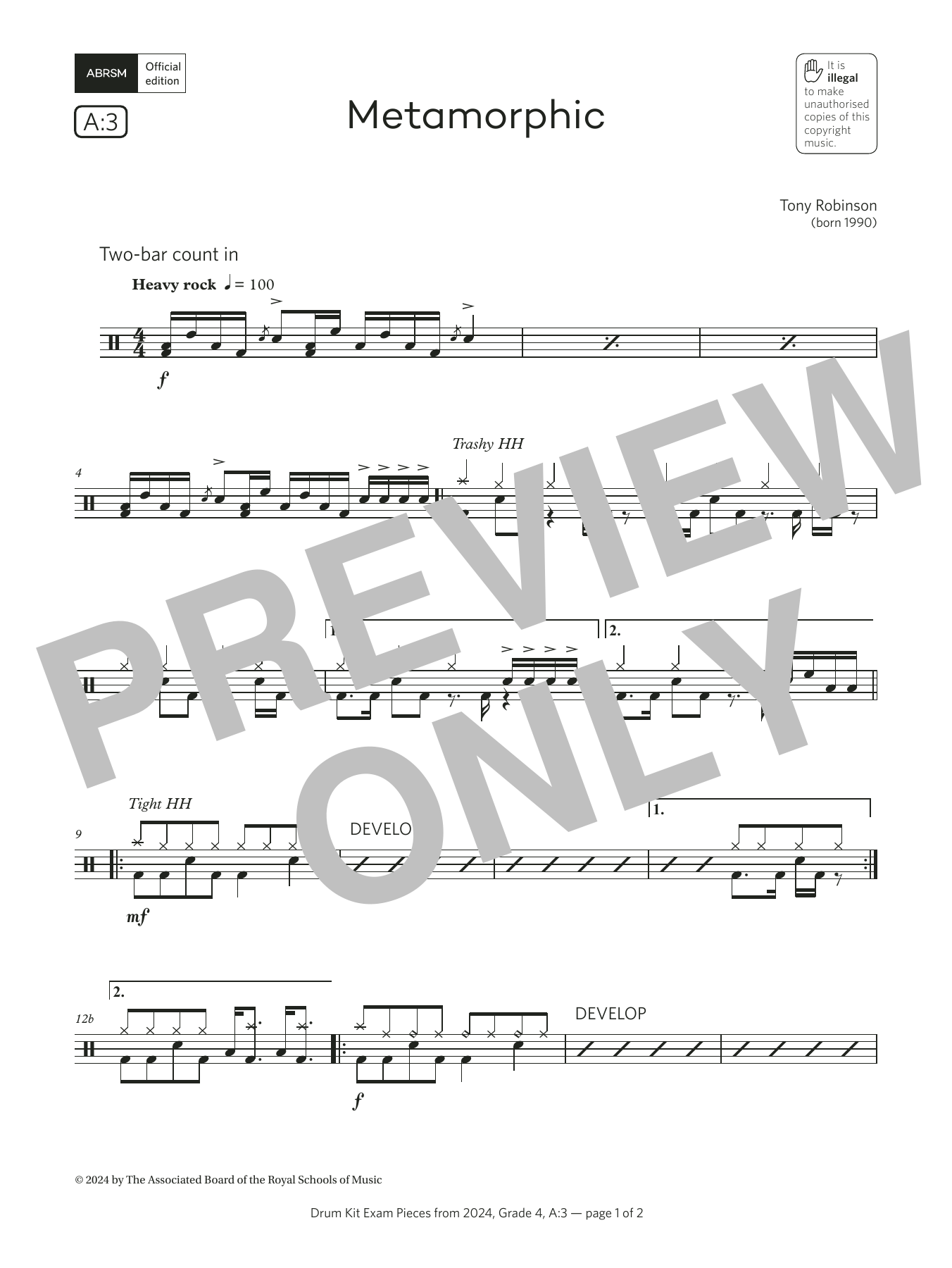 Tony Robinson Metamorphic (Grade 4, list A3, from the ABRSM Drum Kit Syllabus 2024) sheet music notes and chords arranged for Drums