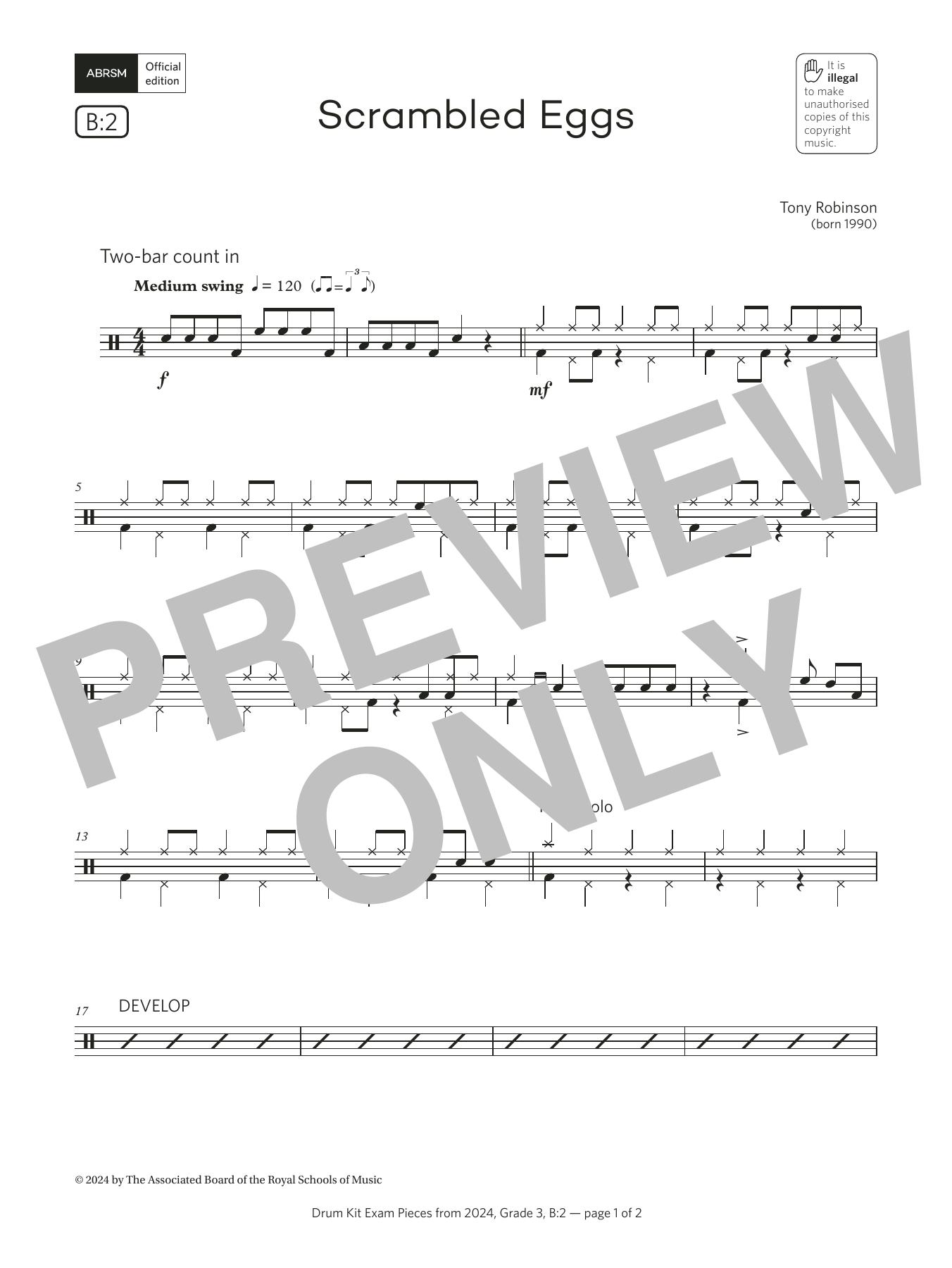 Tony Robinson Scrambled Eggs   (Grade 3, list B2, from the ABRSM Drum Kit Syllabus 2024) sheet music notes and chords arranged for Drums