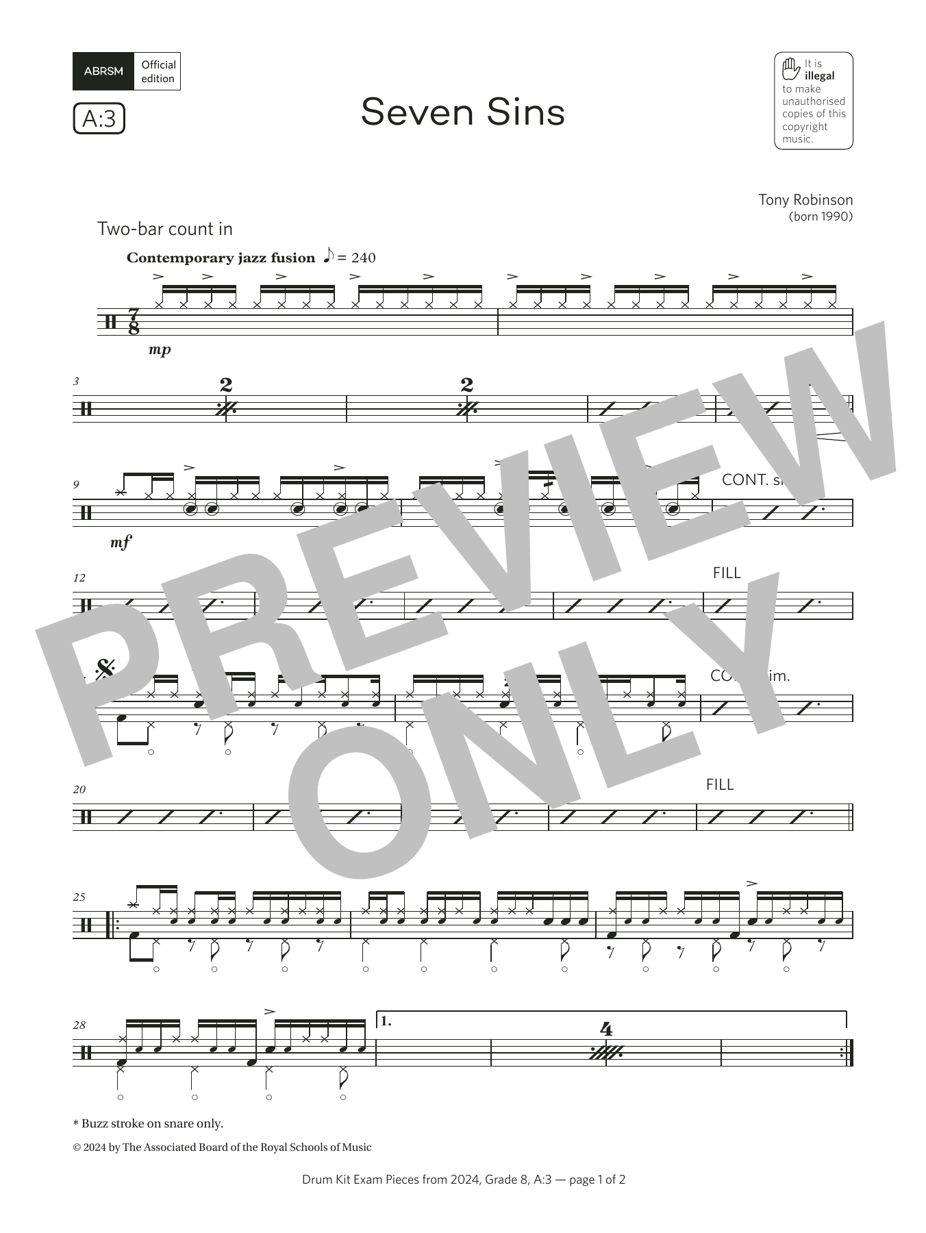 Tony Robinson Seven Sins (Grade 8, list A3, from the ABRSM Drum Kit Syllabus 2024) sheet music notes and chords arranged for Drums