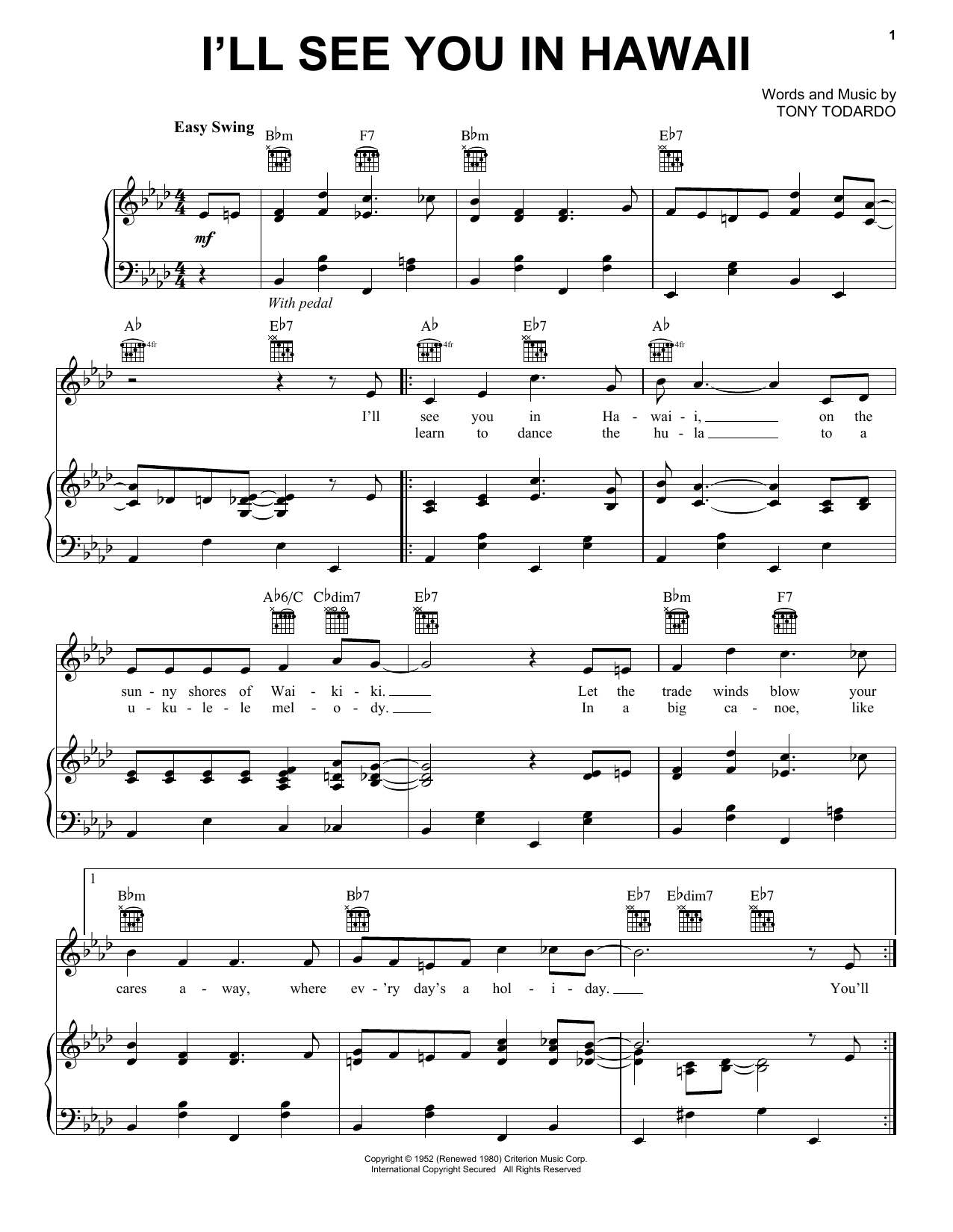 Tony Todardo I'll See You In Hawaii sheet music notes and chords arranged for Piano, Vocal & Guitar Chords (Right-Hand Melody)