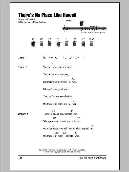 Tony Todaro There's No Place Like Hawaii sheet music notes and chords arranged for Ukulele Chords/Lyrics