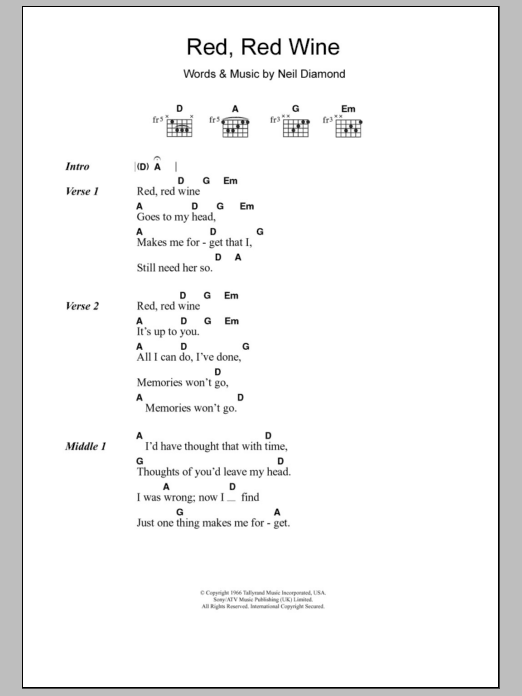 Tony Tribe Red, Red Wine sheet music notes and chords arranged for Guitar Chords/Lyrics