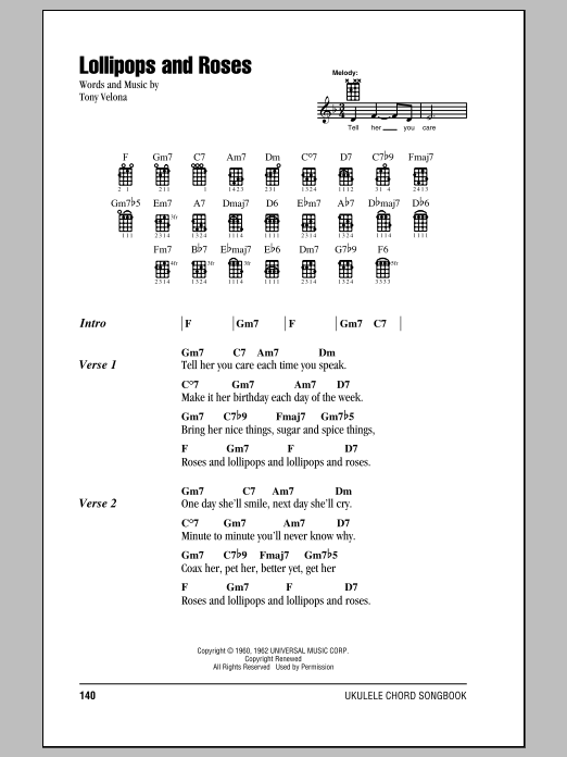 Tony Velona Lollipops And Roses sheet music notes and chords arranged for Ukulele Chords/Lyrics