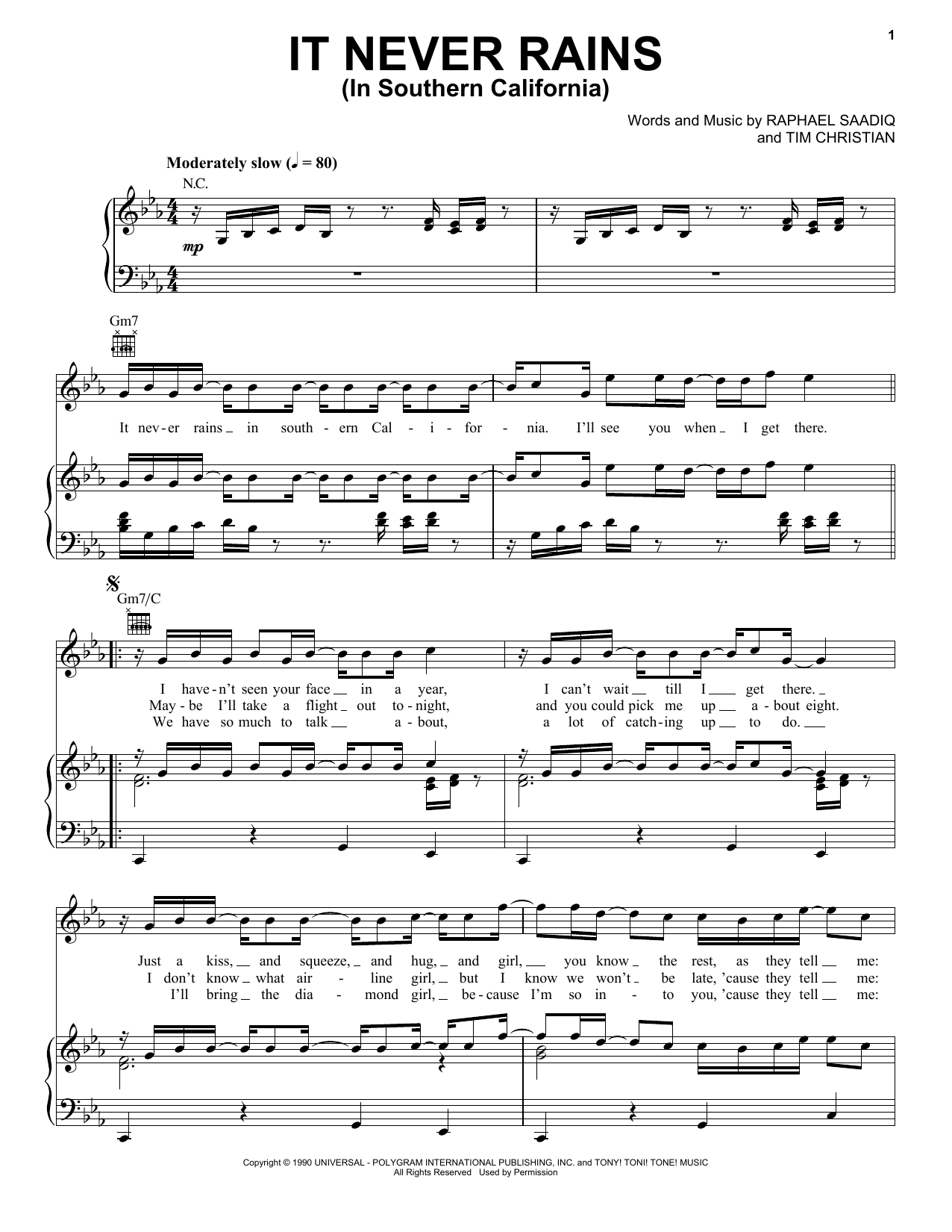 Tony! Toni! Tone! It Never Rains (In Southern California) sheet music notes and chords arranged for Piano, Vocal & Guitar Chords (Right-Hand Melody)