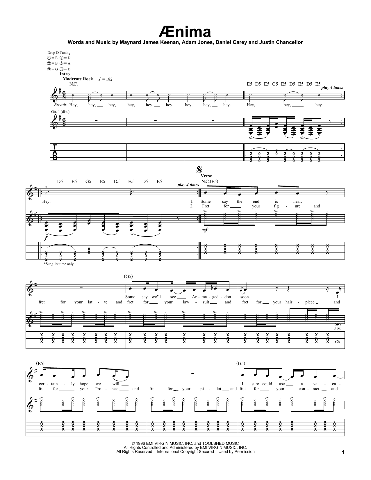 Tool Aenima sheet music notes and chords arranged for Guitar Tab