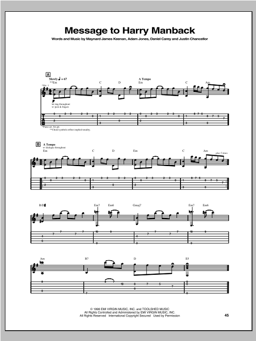 Tool Message To Harry Manback sheet music notes and chords arranged for Guitar Tab