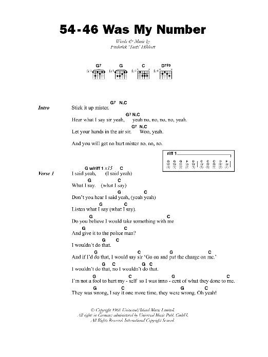 Toots & The Maytals 54-46 Was My Number sheet music notes and chords arranged for Guitar Chords/Lyrics