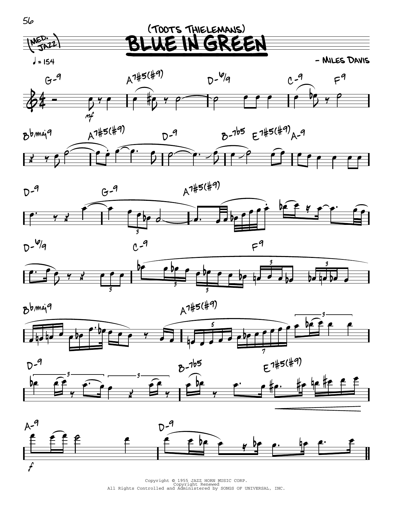 Toots Thielemans Blue In Green (solo only) sheet music notes and chords arranged for Real Book – Melody & Chords
