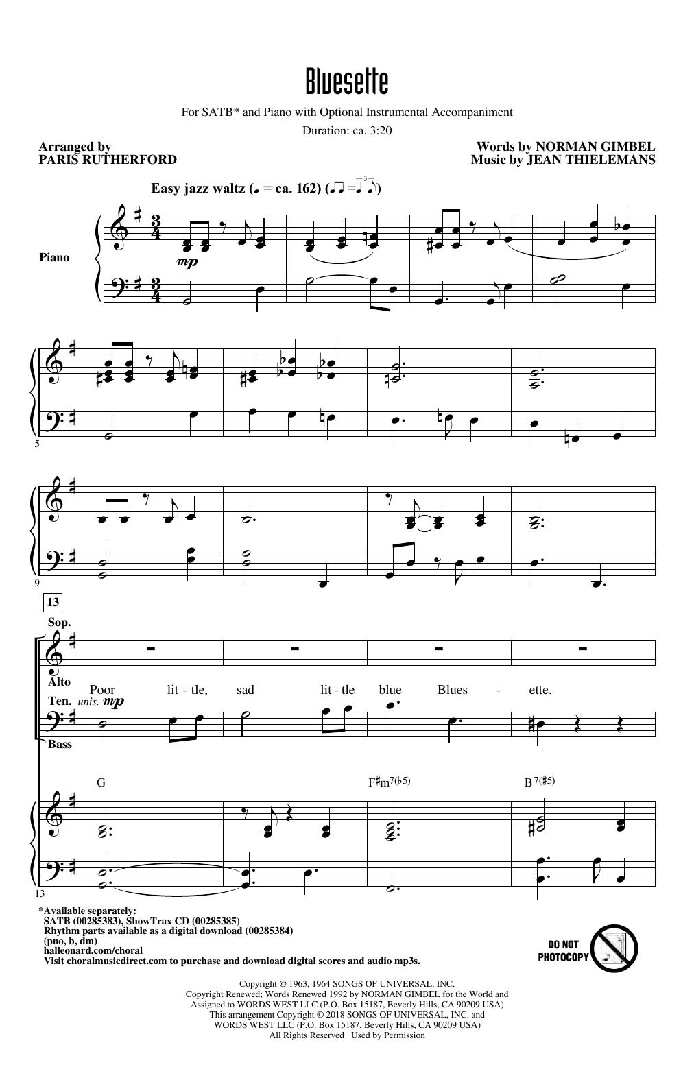 Toots Thielmans Bluesette (arr. Paris Rutherford) sheet music notes and chords arranged for SATB Choir