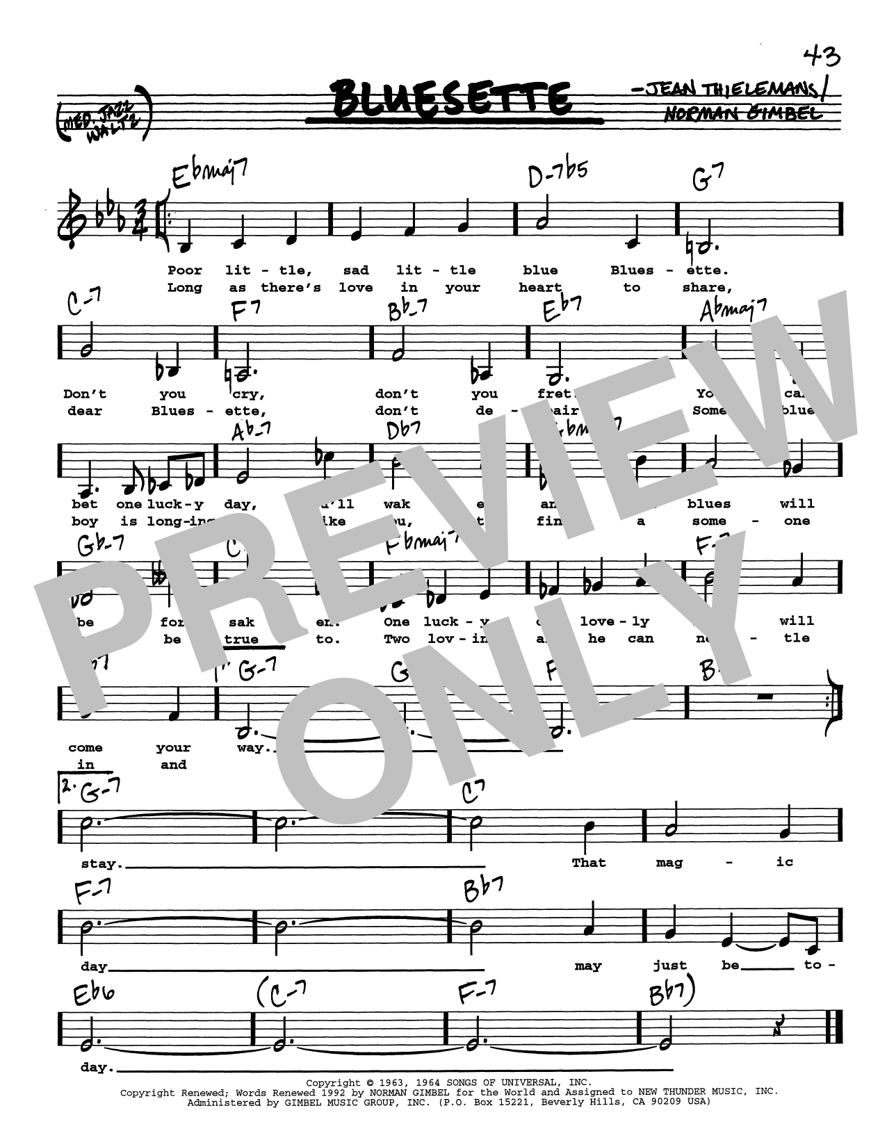 Toots Thielemans Bluesette (Low Voice) sheet music notes and chords arranged for Real Book – Melody, Lyrics & Chords