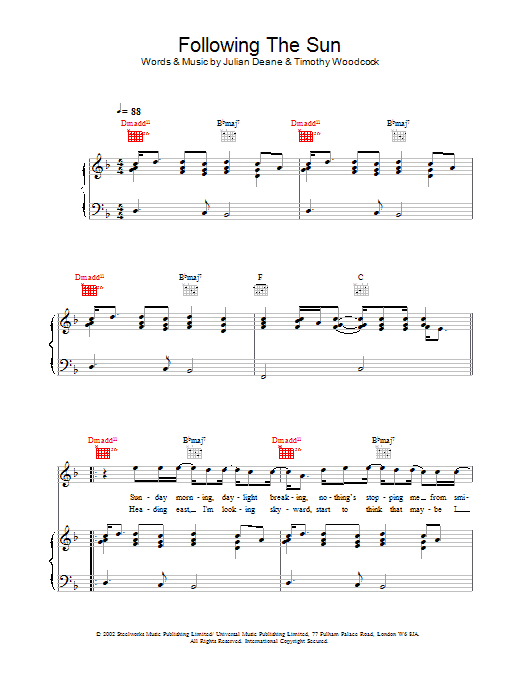 Toploader Following The Sun sheet music notes and chords arranged for Piano, Vocal & Guitar Chords