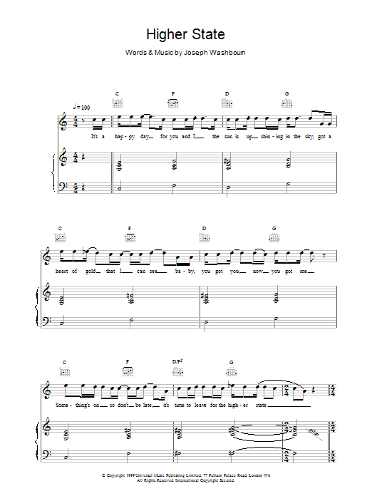 Toploader Higher State sheet music notes and chords arranged for Piano, Vocal & Guitar Chords