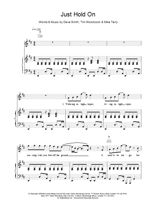 Toploader Just Hold On sheet music notes and chords arranged for Piano, Vocal & Guitar Chords