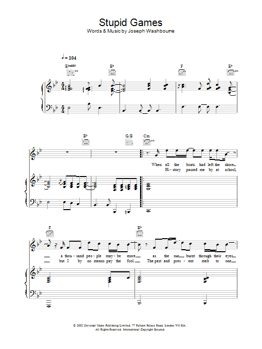 Toploader Stupid Games sheet music notes and chords arranged for Piano, Vocal & Guitar Chords