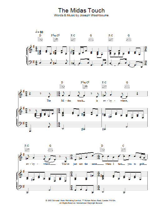 Toploader The Midas Touch sheet music notes and chords arranged for Piano, Vocal & Guitar Chords