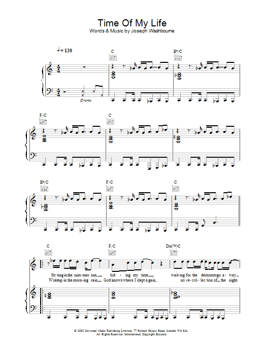 Toploader Time Of My Life sheet music notes and chords arranged for Piano, Vocal & Guitar Chords