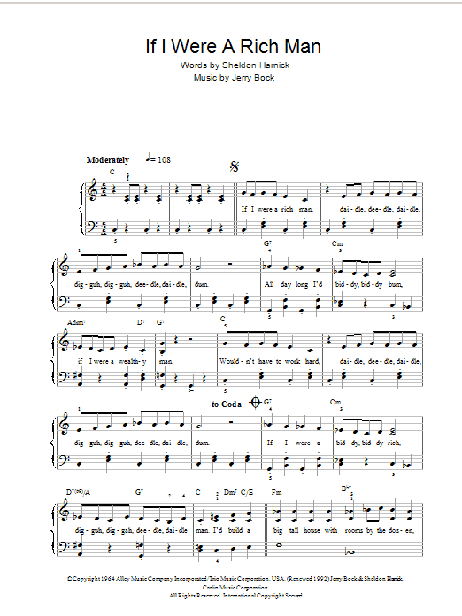 Topol If I Were A Rich Man (from Fiddler On The Roof) sheet music notes and chords arranged for Piano, Vocal & Guitar Chords