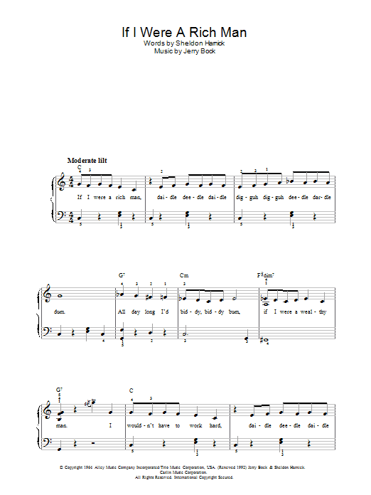 Topol If I Were A Rich Man sheet music notes and chords arranged for Piano, Vocal & Guitar Chords