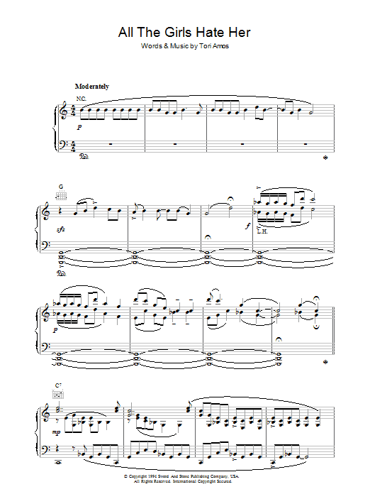 Tori Amos All The Girls Hate Her sheet music notes and chords arranged for Piano, Vocal & Guitar Chords