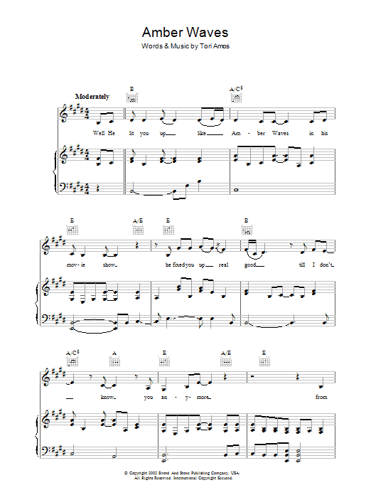 Tori Amos Amber Waves sheet music notes and chords arranged for Piano, Vocal & Guitar Chords