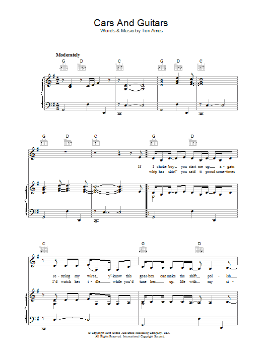 Tori Amos Cars And Guitars sheet music notes and chords arranged for Piano, Vocal & Guitar Chords