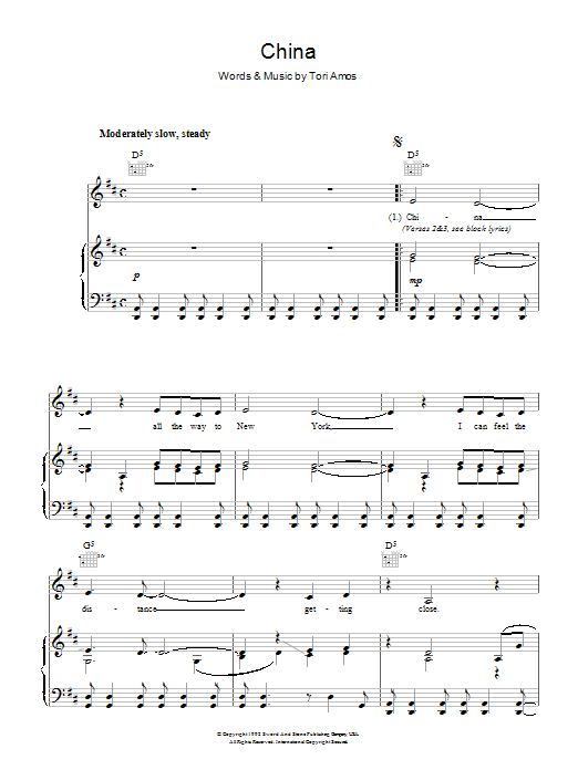 Tori Amos China sheet music notes and chords arranged for Piano, Vocal & Guitar Chords