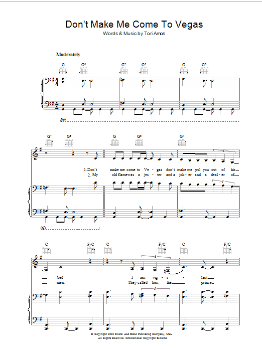 Tori Amos Don't Make Me Come To Vegas sheet music notes and chords arranged for Piano, Vocal & Guitar Chords