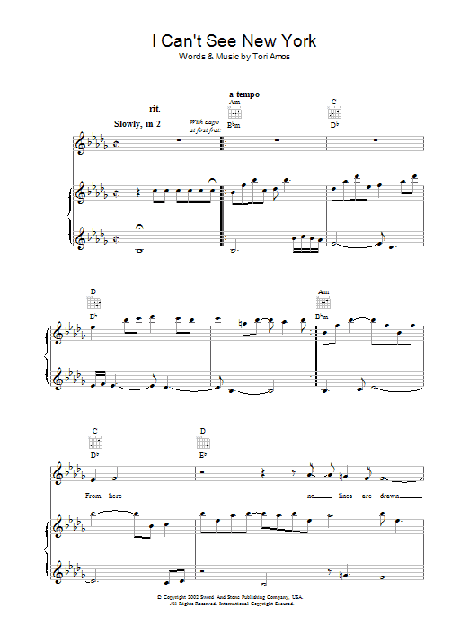 Tori Amos I Can't See New York sheet music notes and chords arranged for Piano, Vocal & Guitar Chords