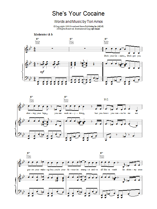 Tori Amos She's Your Cocaine sheet music notes and chords arranged for Piano, Vocal & Guitar Chords