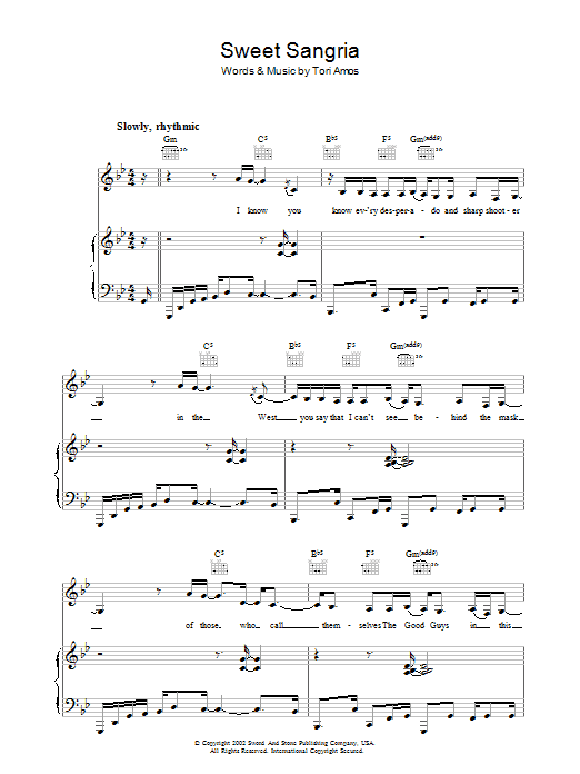 Tori Amos Sweet Sangria sheet music notes and chords arranged for Piano, Vocal & Guitar Chords
