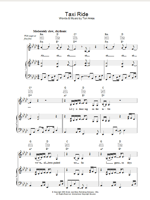 Tori Amos Taxi Ride sheet music notes and chords arranged for Piano, Vocal & Guitar Chords