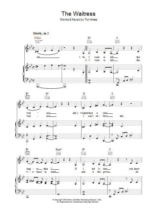 Tori Amos The Waitress sheet music notes and chords arranged for Piano, Vocal & Guitar Chords