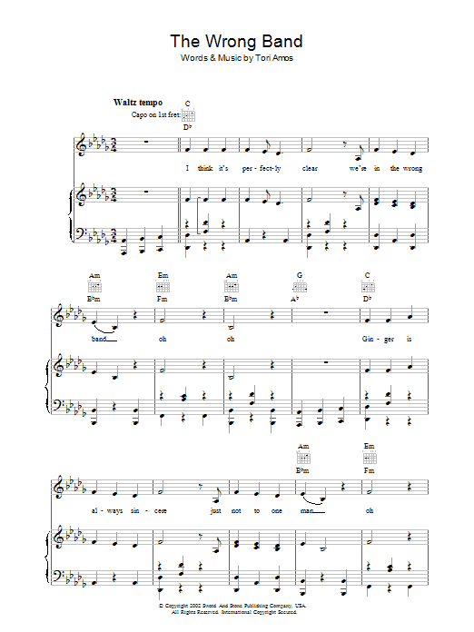 Tori Amos The Wrong Band sheet music notes and chords arranged for Piano, Vocal & Guitar Chords